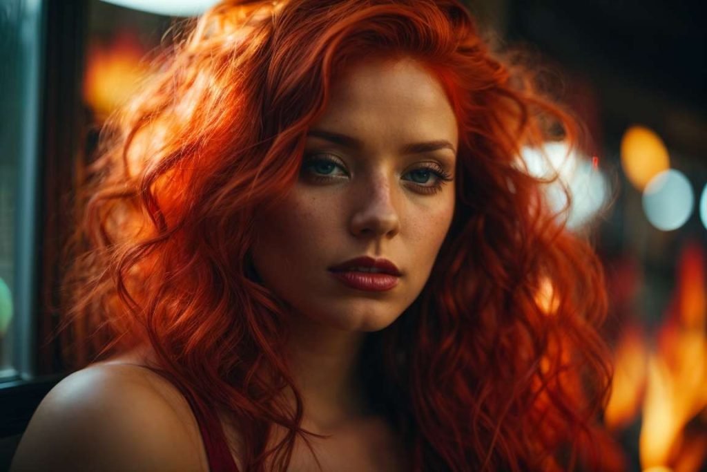 PhotoReal A woman with fiery red hair and a seductive gaze lon 0
